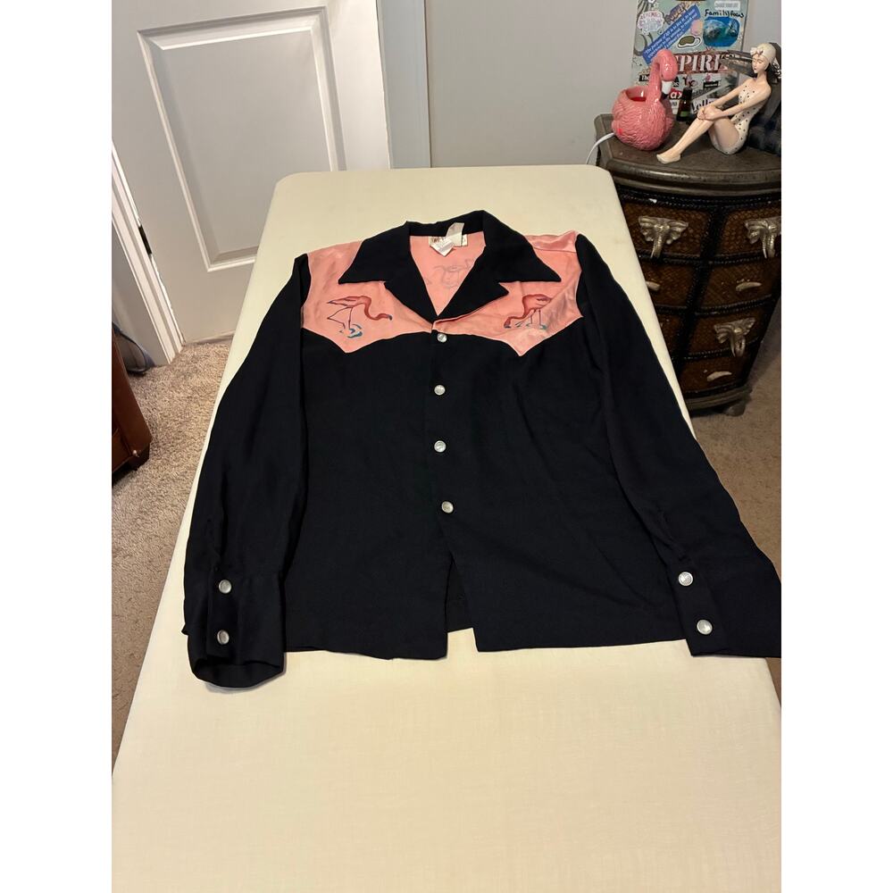 Vintage Flamingo Western Shirt Wildflowers San Francisco  Pink Black Snap Button